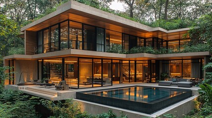 Fototapeta premium A modern home in the forest with a rooftop infinity pool, blending luxury with the beauty of nature