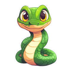 Naklejka premium Cartoon green snake with large eyes and a friendly expression; ideal for children's books isolated on transparency PNG background, educational materials