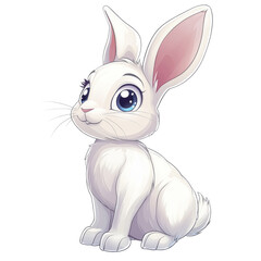 Obraz premium A cute isolated on transparency PNG background, white cartoon bunny with big eyes and long ears sits adorably; perfect for children's books, Easter promotions, or animal-themed designs,