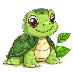 Fototapeta premium Adorable cartoon turtle with big eyes isolated on transparency PNG background, a green shell, and a charming smile; perfect for children’s books, educational materials, or kids' room decor,