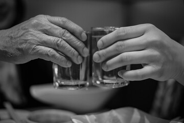 Two hands clinking glasses with shot of whiskey at home. Hands of an old man and young man clink glasses of vodka.