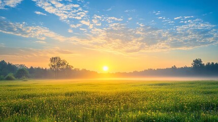 Sunrise over a Field of Yellow Flowers with Morning Mist