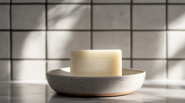 A bar of soap in a ceramic dish