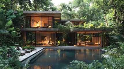 A futuristic house in the middle of a tropical forest, with large glass windows and a pool reflecting the greenery