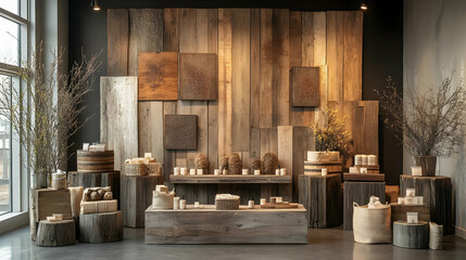 Elegant wooden display featuring natural decor elements and handmade products in a minimalist setting.