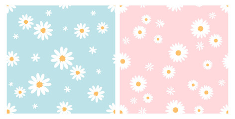 Seamless pattern with daisy flower on green mint and pink backgrounds vector. Cute floral print.