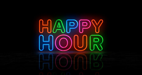 Happy hour promotion neon light 3d illustration