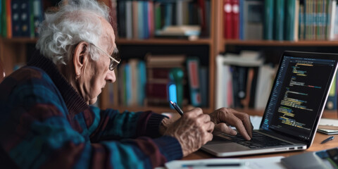 A close-up of an elderly man attentively watching a coding tutorial on a laptop
