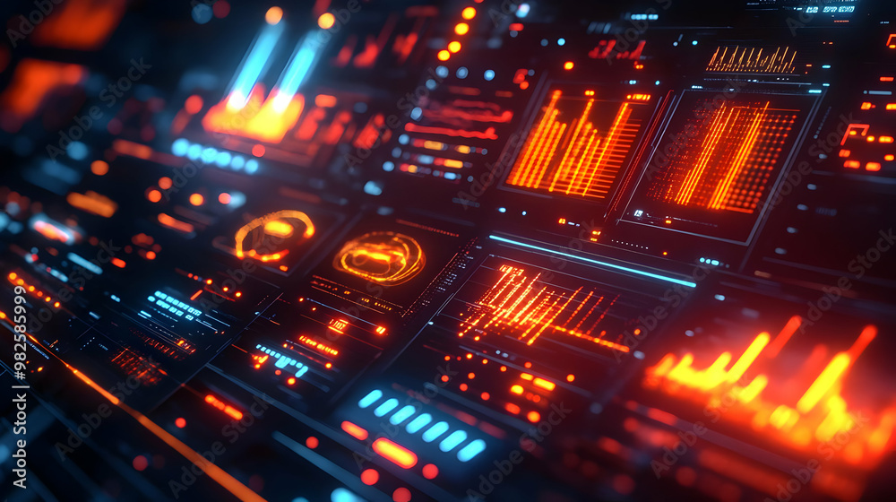 Poster vibrant and futuristic graphical user interface displaying data visualizations, charts, and controls