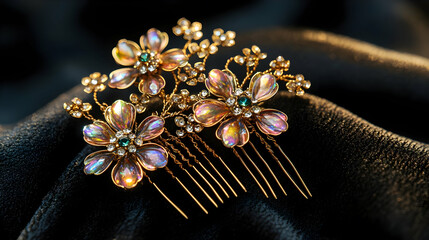 Naklejka premium Elegant floral hair combs adorned with pearls and colorful stones, perfect for special occasions and vintage-inspired hairstyles.