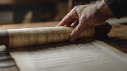 Close-Up of Hand Unrolling Ancient Manuscript on Wooden Table in Warm, Historical Setting