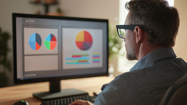Businessman analysing segmented chart data on a computer monitor, modern workspace 