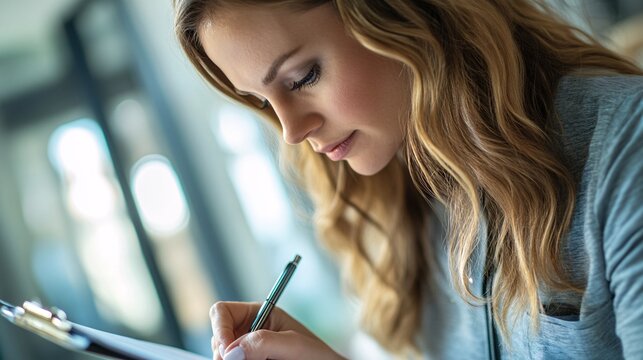 Focused Woman Writing on Clipboard in Bright Office Setting