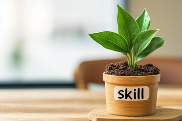 A potted plant labeled 'skill' symbolizes personal growth and development in a serene, modern environment.