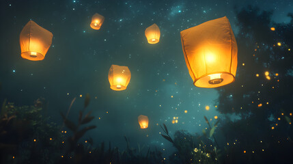 Simple lanterns floating in the sky at night.



