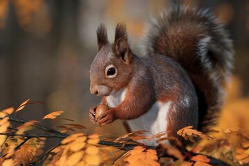 Fototapeta premium A cute squirrel holding an acorn in a vibrant autumn forest.