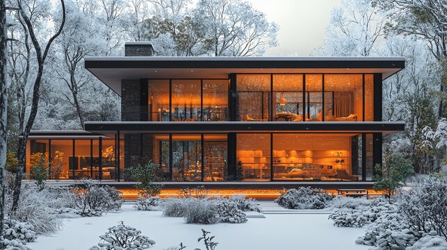 A modern house in a snowy forest, with a warm, glowing interior visible through large glass windows