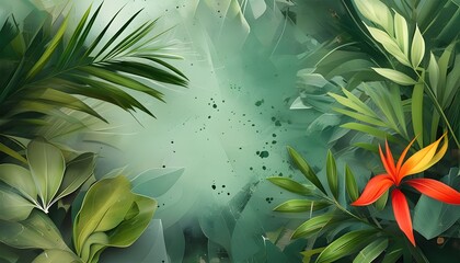 Tropical Green Abstract Background with Plants in Summer-Themed Art Collage for Notebooks, Flyers, and Desktop Wallpaper