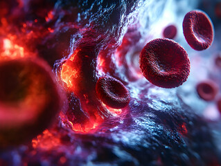 Vivid illustration of red blood cells navigating through a vibrant and dynamic bloodstream, depicting cellular movement and life.