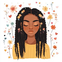 An illustration of the most beautiful black woman with box braids, in the clipart style with boho...