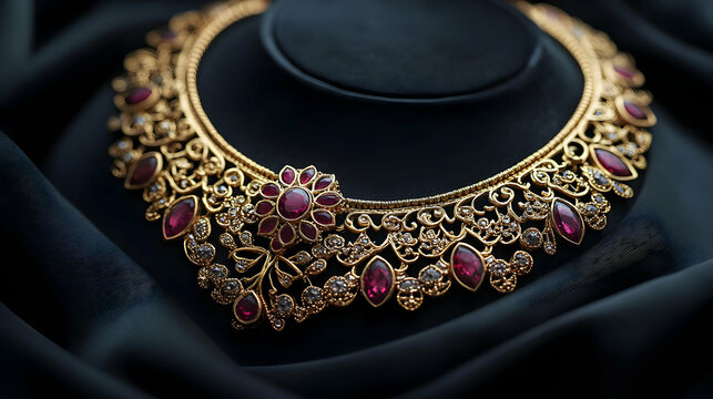 Elegant gold necklace with intricate design and vibrant ruby gemstones displayed on a black fabric background.