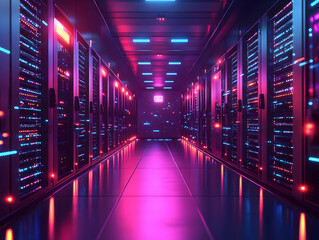Fototapeta premium Futuristic server room with vibrant neon lights, showcasing advanced technology and sleek design in a digital environment.