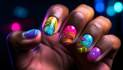 Bright neon nail polish design on a hand, with contrasting colors creating a bold and edgy.