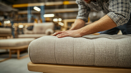 Close-up of a craftsman upholstering furniture in a workshop.