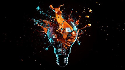 Creative light bulb explodes with colorful paint and splashes on a black background. Think differently creative idea concept
