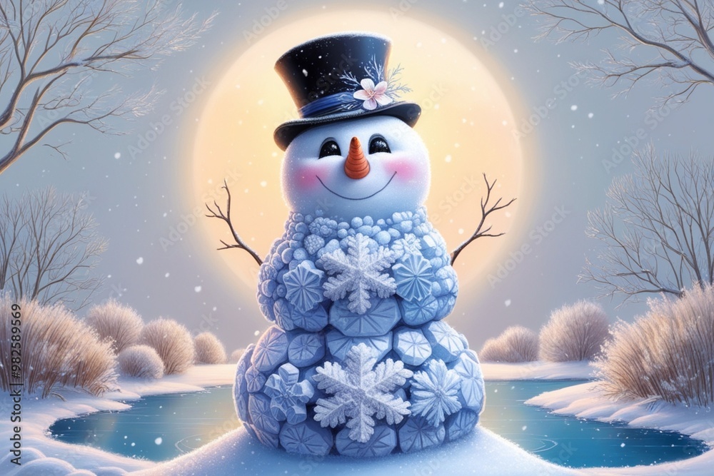 Wall mural smiling snowman in a black hat with beautiful snowflakes on the background of a winter landscape