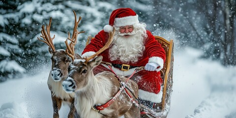 a santa claus with a beard and red costume rides on a sleigh in the snow with reindeer