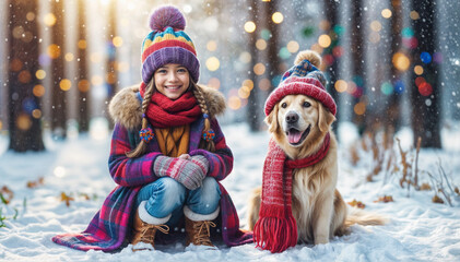 Winter Fun: A Smiling Girl and Her Dog Enjoying a Snowy Day, Both Bundled Up in Colorful Winter Hats and Scarves