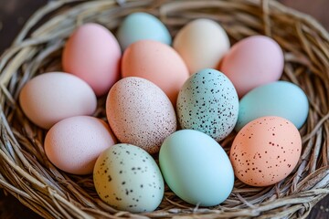 A cluster of pastel-colored eggs arranged in a circular pattern in a woven basket 