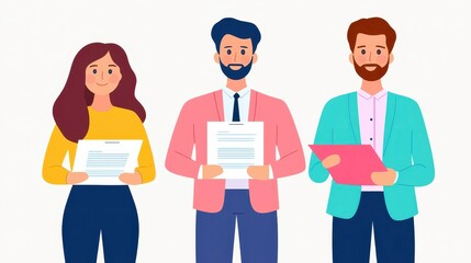 Three people are holding papers and smiling