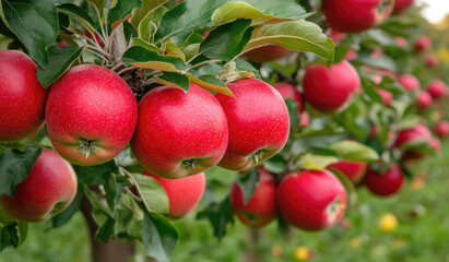 Obraz premium Red apples hanging on a tree, Beautiful image clicked. Created with Ai