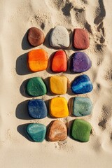 A collection of brightly painted rocks arranged in a perfect rectangle on a sandy beach 