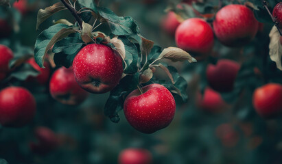 Obraz premium Closeup shot of apples hanging on tree, Dark blur background. Created with Ai