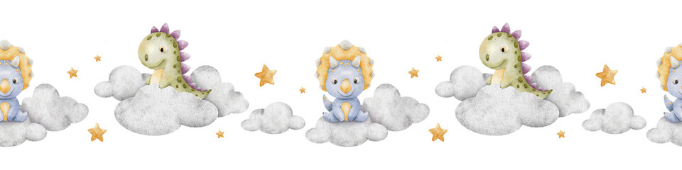 Cute baby dinosaurs sitting on clouds, stars. Isolated hand drawn Watercolor seamless border. Lane of triceratops and Tyrannosaurus rex for children's room, kids goods, scrapbook, baby shower cards © Fedulova_art