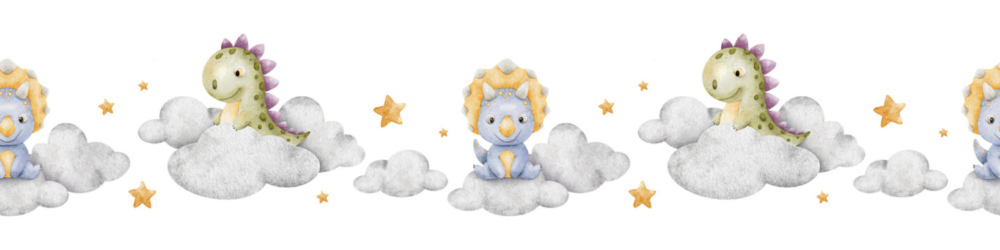 Cute baby dinosaurs sitting on clouds, stars. Isolated hand drawn Watercolor seamless border. Lane of triceratops and Tyrannosaurus rex for children's room, kids goods, scrapbook, baby shower cards