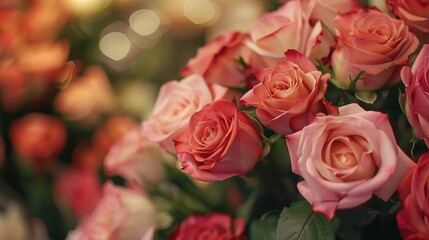Fototapeta premium A bouquet of soft pink and peach roses surrounded by a blurred background of lights