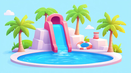 3D summer swimming pool water slide holiday travel illustration
