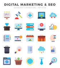 Set of DIGITAL MARKETING & SEO Icons. Simple Flat art style icons pack. Vector illustration.