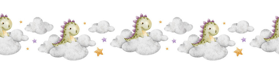Cute baby dinosaurs in clouds, stars. Isolated hand drawn Watercolor seamless border. Banner of Tyrannosaurus rex for design children's room, kids goods, scrapbook, baby shower cards
