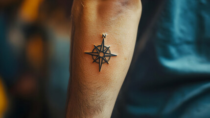 Obraz premium Close-up of a black compass tattoo on a person's forearm, symbolizing guidance and adventure in a vibrant, artistic setting.