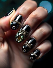 Close-up of a hand with jewel-toned nails, each nail showcasing a different gemstone-inspire.