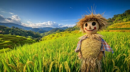 Smiling Scarecrow in Rice Terraces