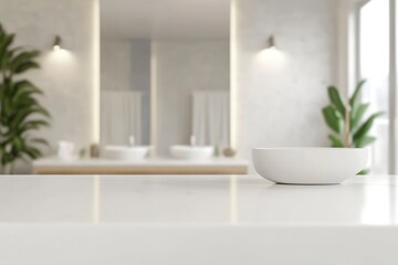 3D rendering, empty white counter in bathroom, copy space on white table in blurred bathroom with generative ai