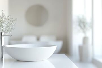 Fototapeta premium 3D rendering, empty white counter in bathroom, copy space on white table in blurred bathroom with generative ai