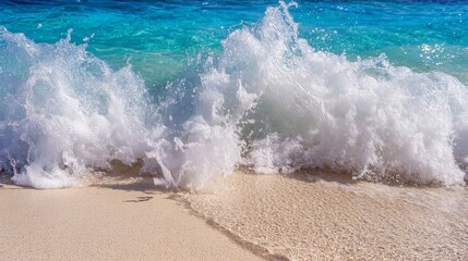 Fototapeta premium Close-up of a Wave Crashing on a Sandy Beach