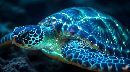 Obraz premium A stunning underwater photograph of a glowing turtle showcasing vibrant colors and intricate patterns in its shell.